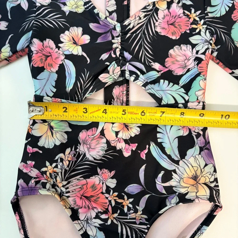 Art Class Swimsuit One Piece Floral Cutout‎ Girls Size XS 4/5 Black Long Sleeved